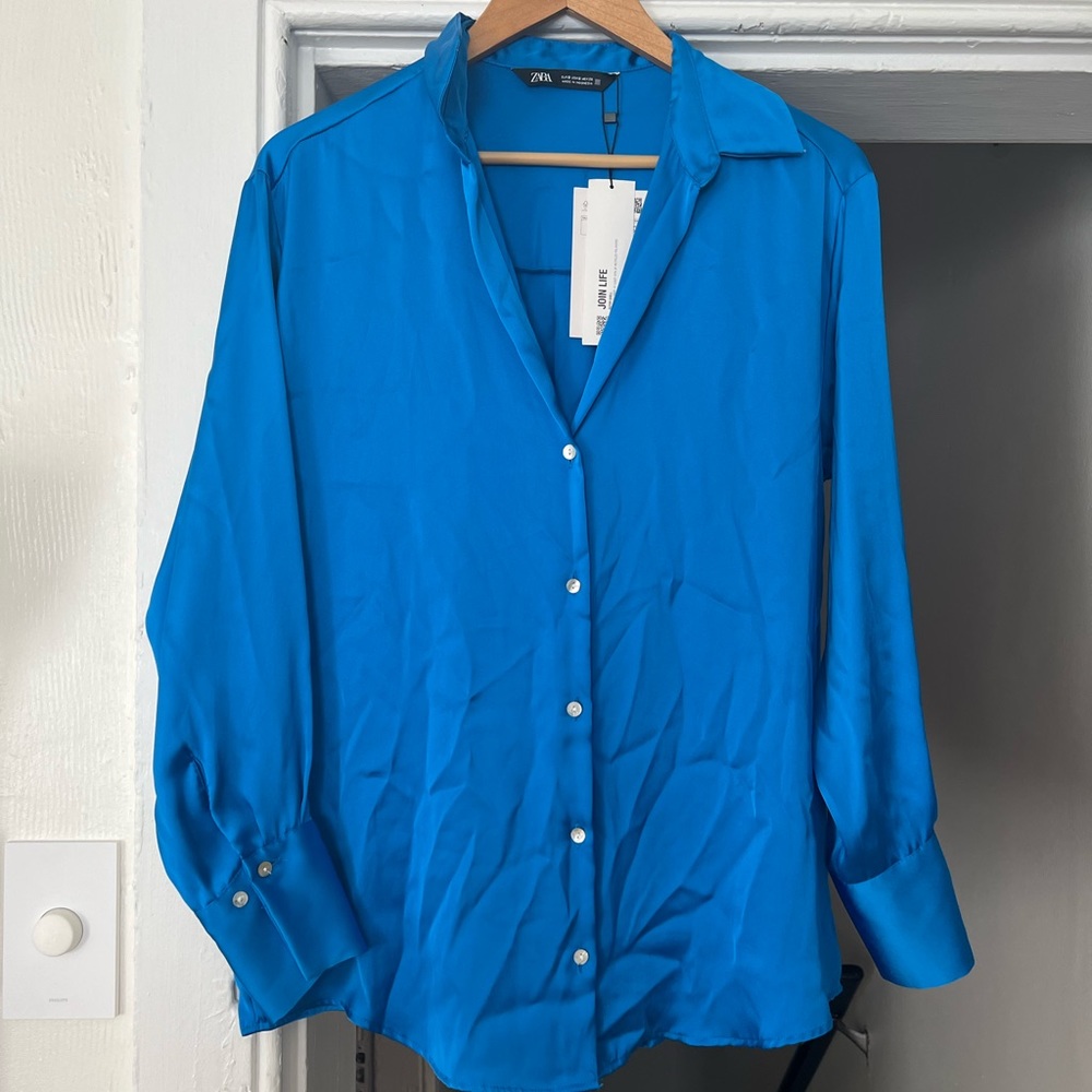 Zara Blouse Royal Blue Silk Look NWT